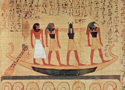 Papyrus depicting a man being transported on a barque to the afterlife by Thoth, Khepri and another god by Egyptian